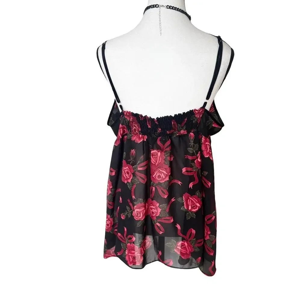 90's y2k vtg. Black Roses Ribbon Baby Doll Sheer Blouse Top‎ Large whimsy goth